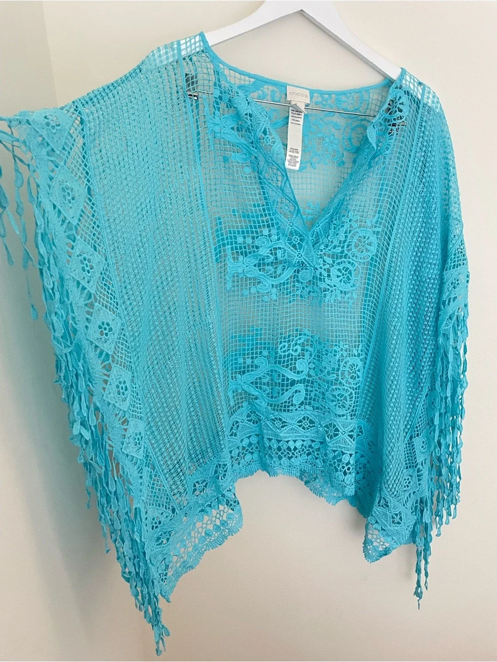 Chico's Dandy Crochet Lace Fringe Poncho in Aqua Blue Resort Swim Coverup OS